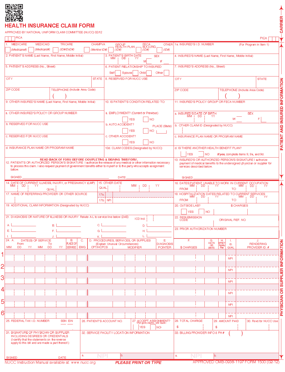 HCFA / CMS-1500 health insurance claim form